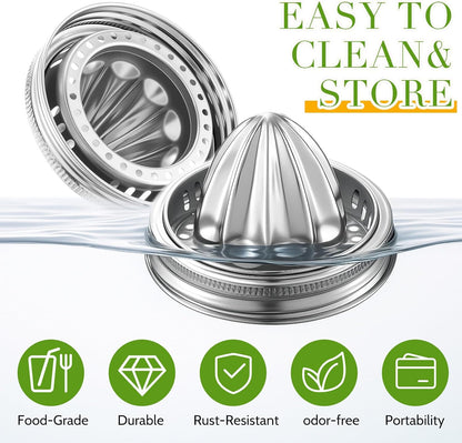 LemonRoad 4 Pcs Stainless Steel Mason Jar Juicer Lid Manual Juicer Squeezer for 3.39 Inch Wide Mouth Mason Jar Citrus Reamer for Lemons Limes Oranges Juicing Accessories