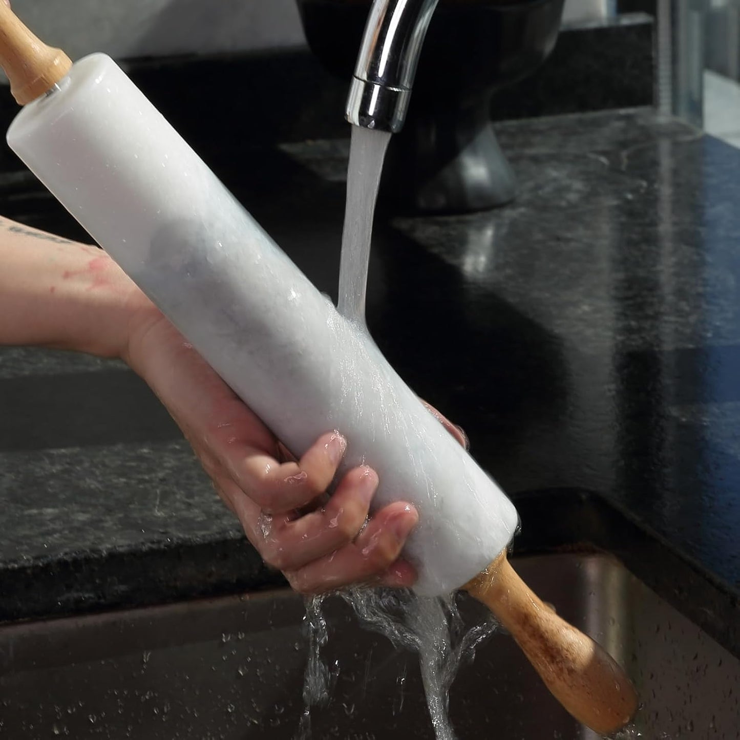 Koville African Natural Marble Rolling Pin, Non-Stick Polished Dough Roller, Pasta, Dumpling, Fondant, Pie Crust, Bread, Pizza Dough, Kitchen Baking Pastry Tools with Mat/Scraper（Namib Fantasy）