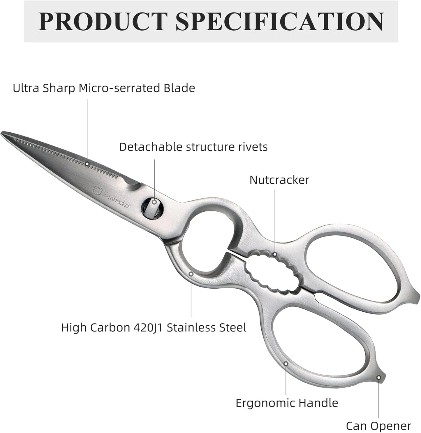 Sunnecko Kitchen Scissors All Purpose Heavy Duty Scissors Titanium Coated, Kitchen Shears for Food, Micro Serrated with Detachable Blades