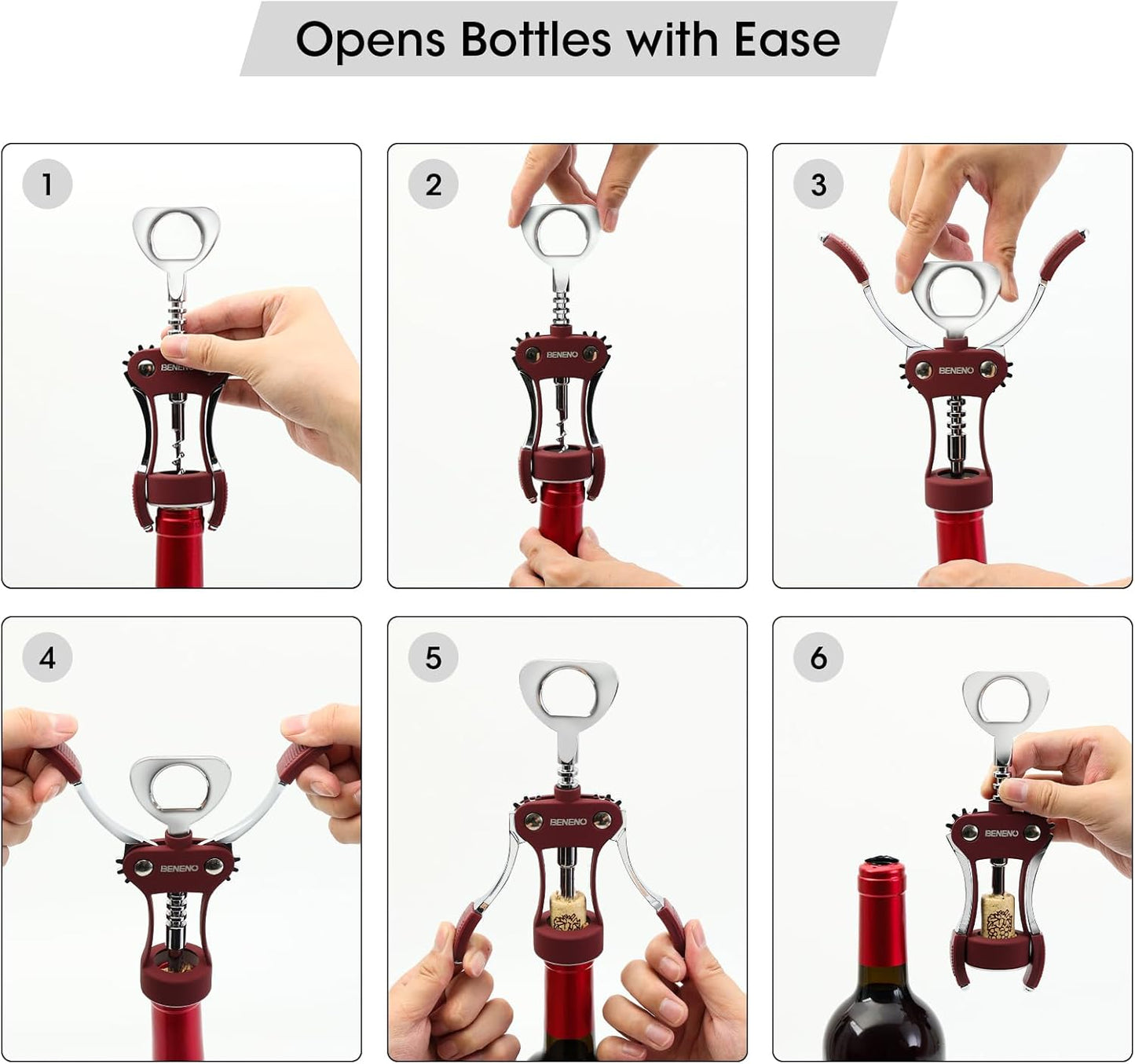 Beneno Wine Opener, Zinc Alloy Premium Wing Corkscrew with Multifunctional Bottles Opener, Sharp Wine Corkscrew with Ergonomic Non-Slip Wing Handle, Silver