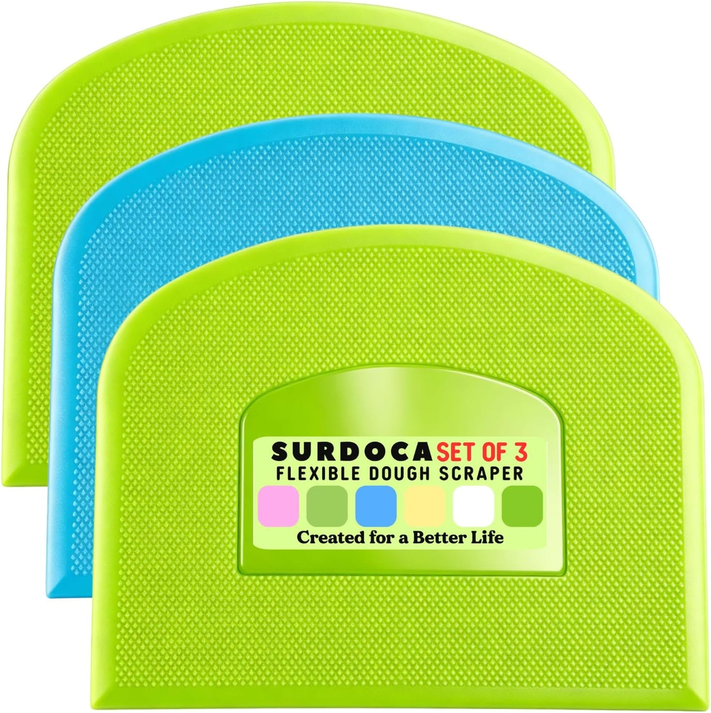 SURDOCA Dough Scraper Bench Scraper - 3P 4.7x3.7" Plastic Flexible Bowl Scraper, Sharp Edge & Angles Cake Scraper. Non-Slip Bakeware Decorating Tools Sculpting & Modeling Tools - Green+White+Green - Colors A