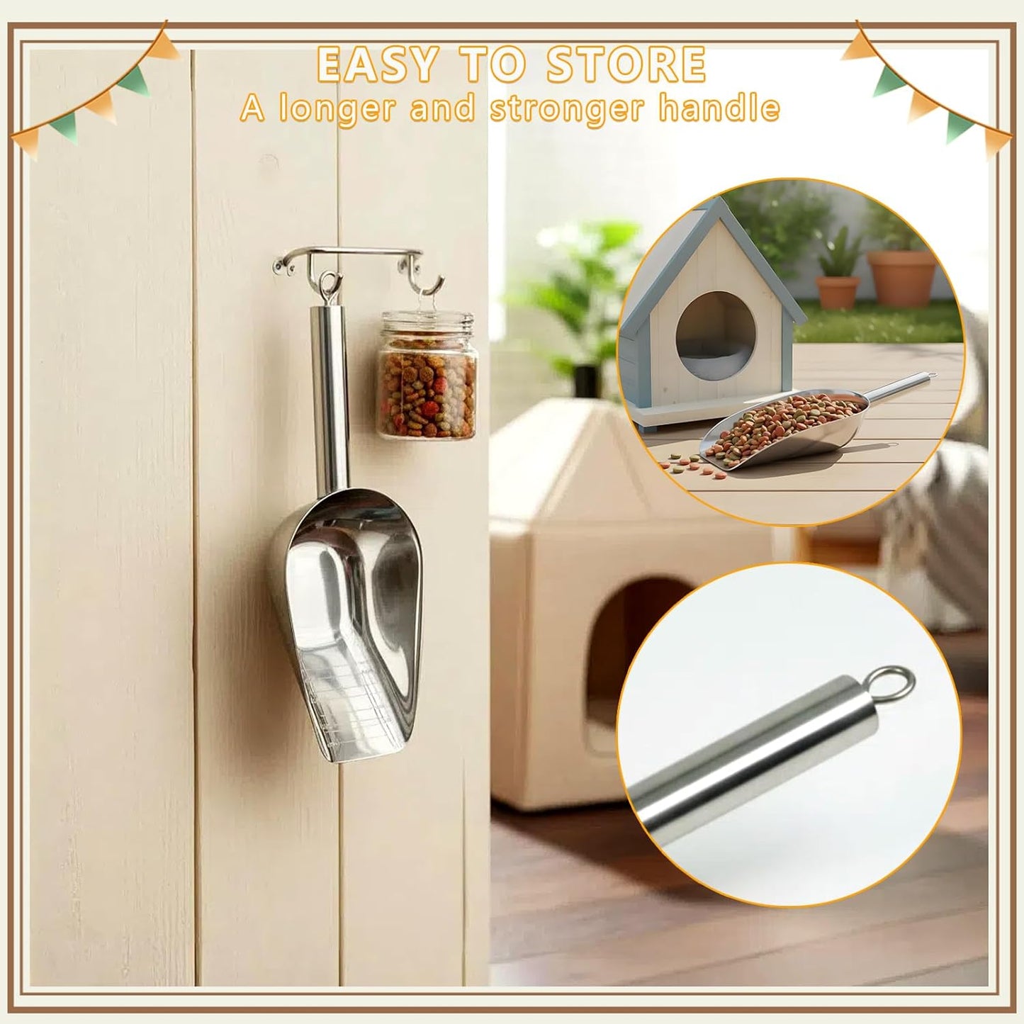 Dog and Cat Food Scoop, 1 Cup Stainless Steel Measuring Scooper with Long Handle for Pet Food, Ice Machine & Freezer, Easy to Clean & Store