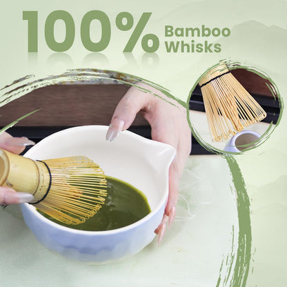 Matcha Whisk Set – Ceramic Matcha Bowl with Pour Spout, Bamboo Whisk, Whisk Holder, Scoop, Sifter – Japanese Matcha Kit for Beginners (Blue)