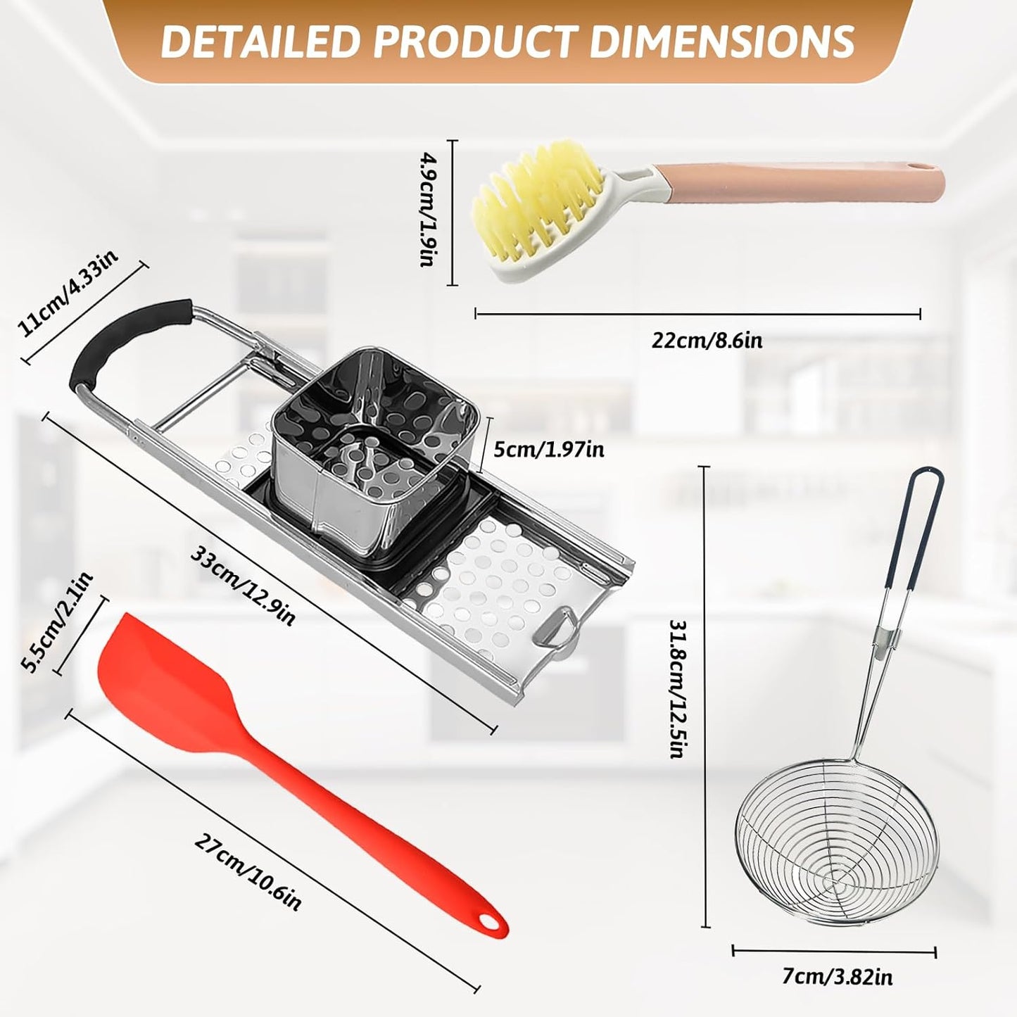 Premium Grade Stainless Steel Spaetzle Maker with Anti-slip Rubber Handle, Spider Strainer Skimmer, Silicone Scraper and Plastic Brush, Homemade German Egg Noodle Dumpling Making Tool Set