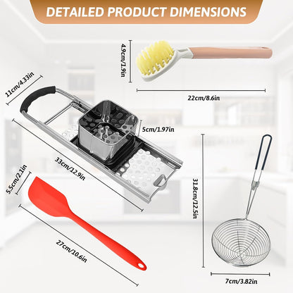 Premium Grade Stainless Steel Spaetzle Maker with Anti-slip Rubber Handle, Spider Strainer Skimmer, Silicone Scraper and Plastic Brush, Homemade German Egg Noodle Dumpling Making Tool Set