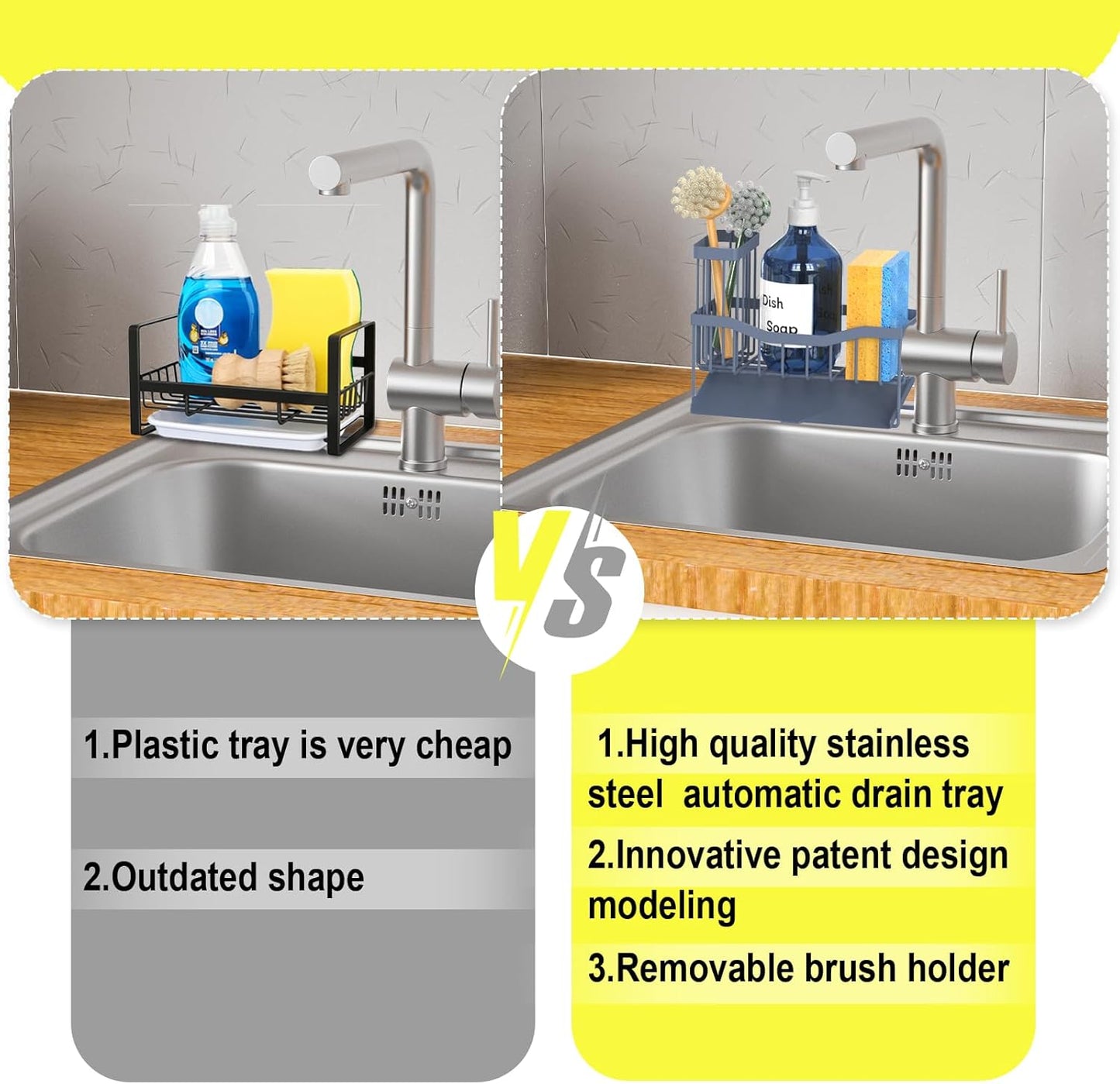 Fssvcd Maifan Sink Caddy Sponge Holder for Kitchen with Brush Holder and Stainless Steel Self Drain Tray, Rustproof Kitchen Sink Organizer for Sponge, Soap Dispenser Storage Accessories