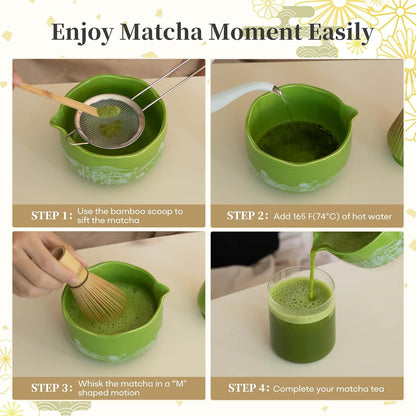 Matcha Whisk Set, 5 Pcs Traditional Japanese Matcha Whisk Preparation Kit, White Glossy Ceramic Bowl with Black Cat and Strawberry Pattern