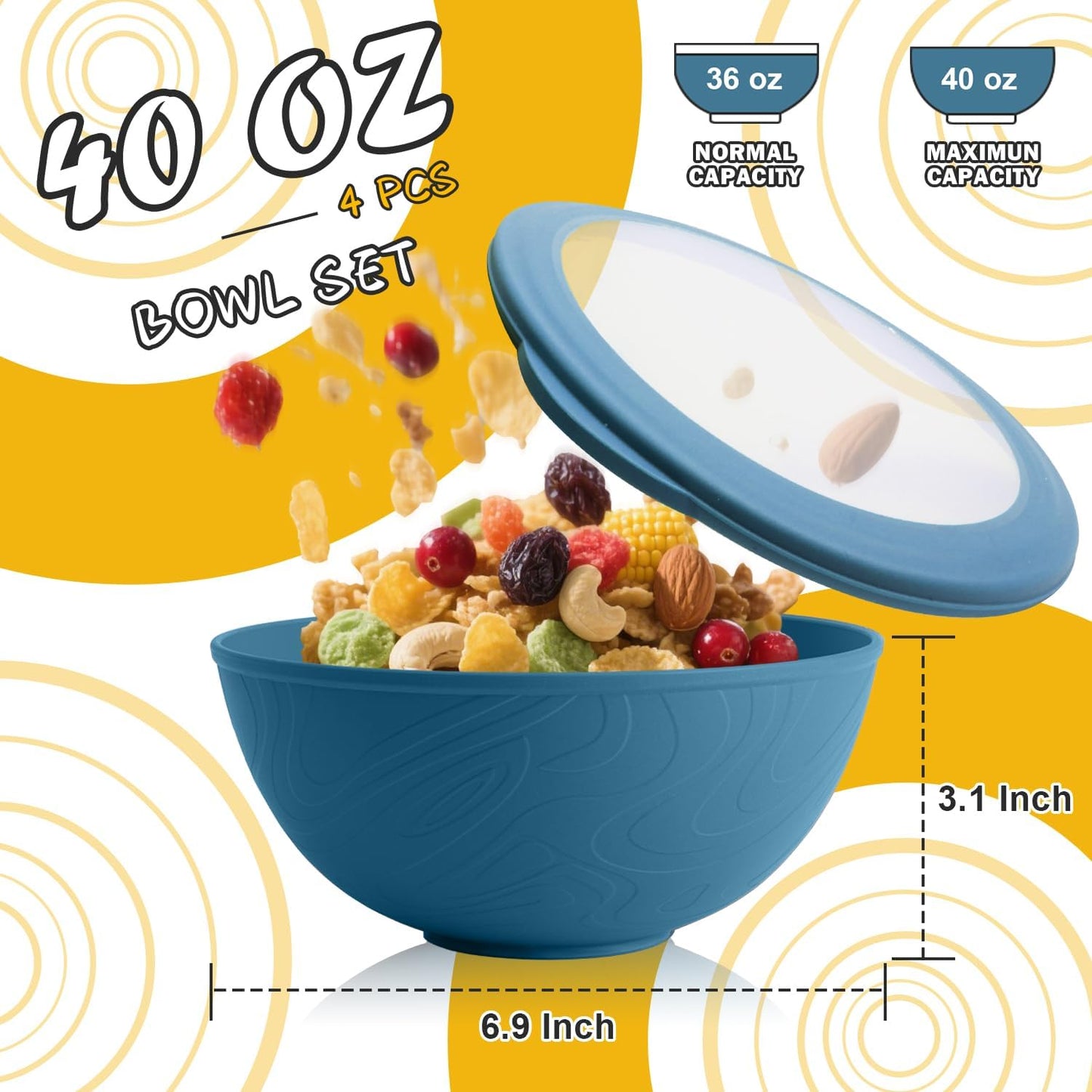 Wheat Straw Bowls Set with Lids, Unbreakable 40 OZ Cereal Bowls Set of 4, Salad Container for Lunch, Microwave & Dishwasher Safe Bowl Set for Kitchen, Picnic, RV, Camping, Multi