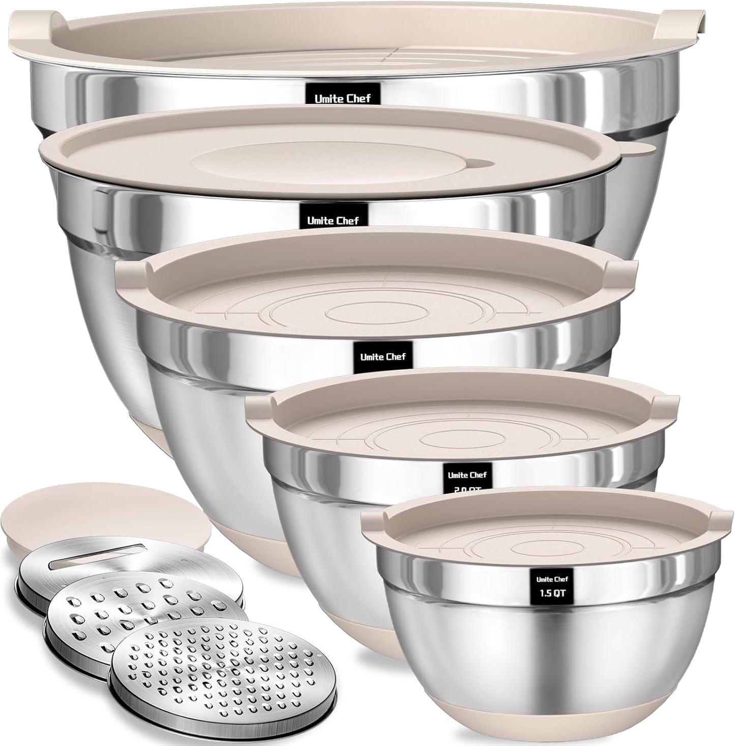Umite Chef Mixing Bowls with Airtight Lids, 8PCS Stainless Steel Nesting Mixing Bowls Set, 3 Grater Attachments & Non-Slip Bottoms, Black Kitchen Bowls, Size 5, 4, 3.5, 2, 1.5QT for Baking & Serving