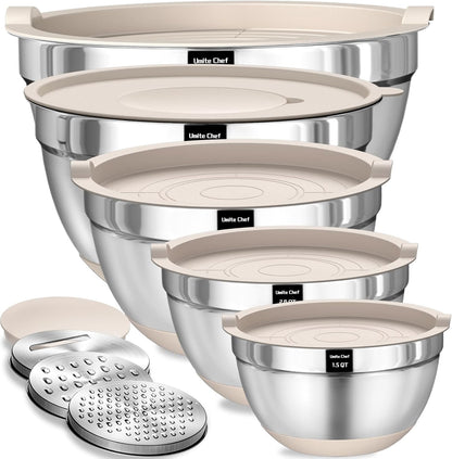 Umite Chef Mixing Bowls with Airtight Lids, 8PCS Stainless Steel Nesting Mixing Bowls Set, 3 Grater Attachments & Non-Slip Bottoms, Black Kitchen Bowls, Size 5, 4, 3.5, 2, 1.5QT for Baking & Serving