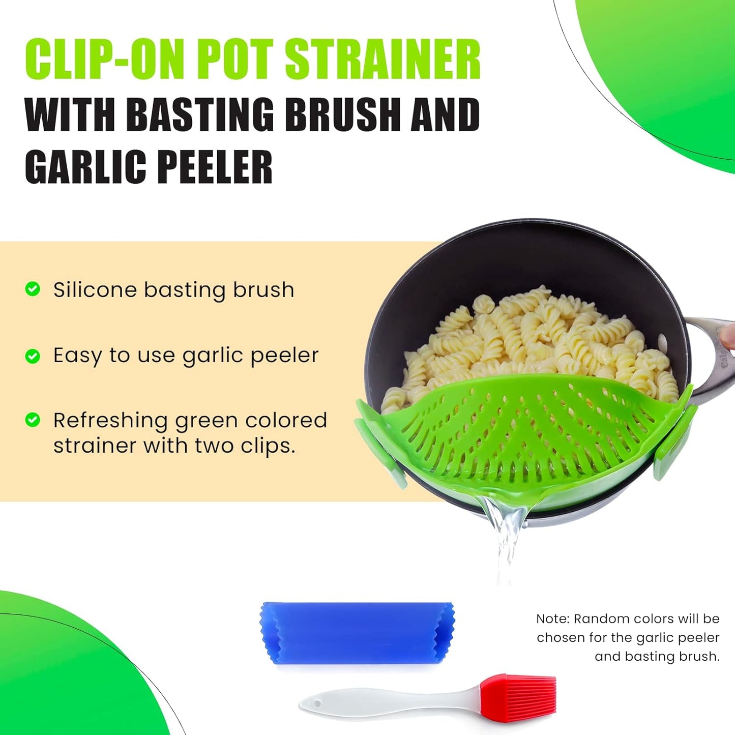 Clip On Kitchen Food Strainer for Spaghetti, Meat, Pasta, & Ground Beef Grease, Colander & Sieve Snaps or Clips Onto Bowls, Pots & Pans Includes Silicone Drainer, Brush & Garlic Peeler (Dk Red)