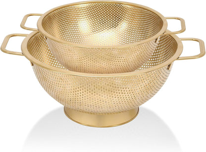 Gold Strainer for Kitchen, 3QT, Stainless Steel Colander with Handle for Fruits Vegetables Cooking Food, Dishwasher Safe