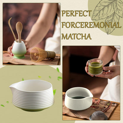 8 Pcs Matcha Whisk Set Chasen Matcha Whisk Bamboo Bowl with Spout Sifter Spoon Scoop Whisk Holder Bamboo Mat Complete Matcha Making Kit (Red Petal)