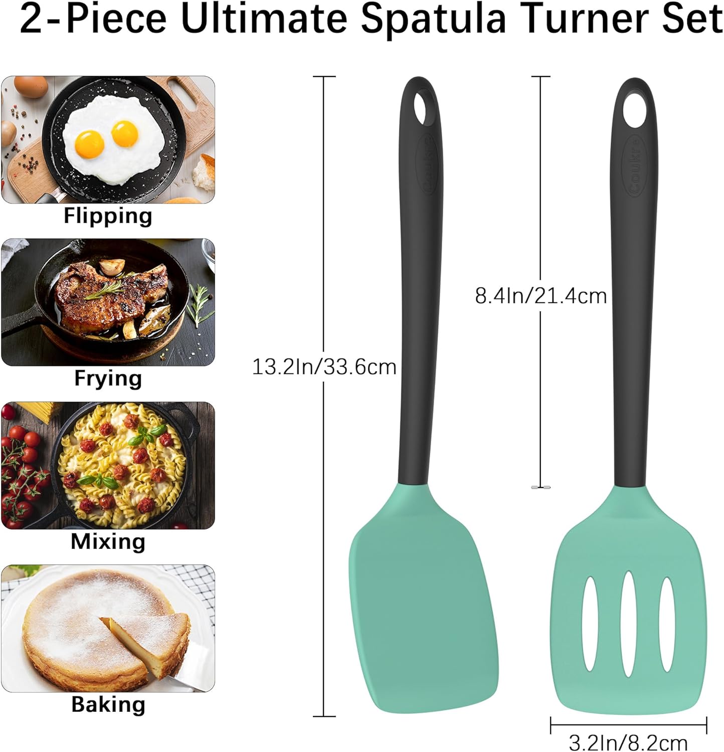 Coukre 2 Pack Silicone Spatula Set, High Heat Resistant, BPA Free Kitchen Spatula, Solid & Slotted Turner for Non-Stick Pans, Sautéing, and Flipping (2, PureBlack)
