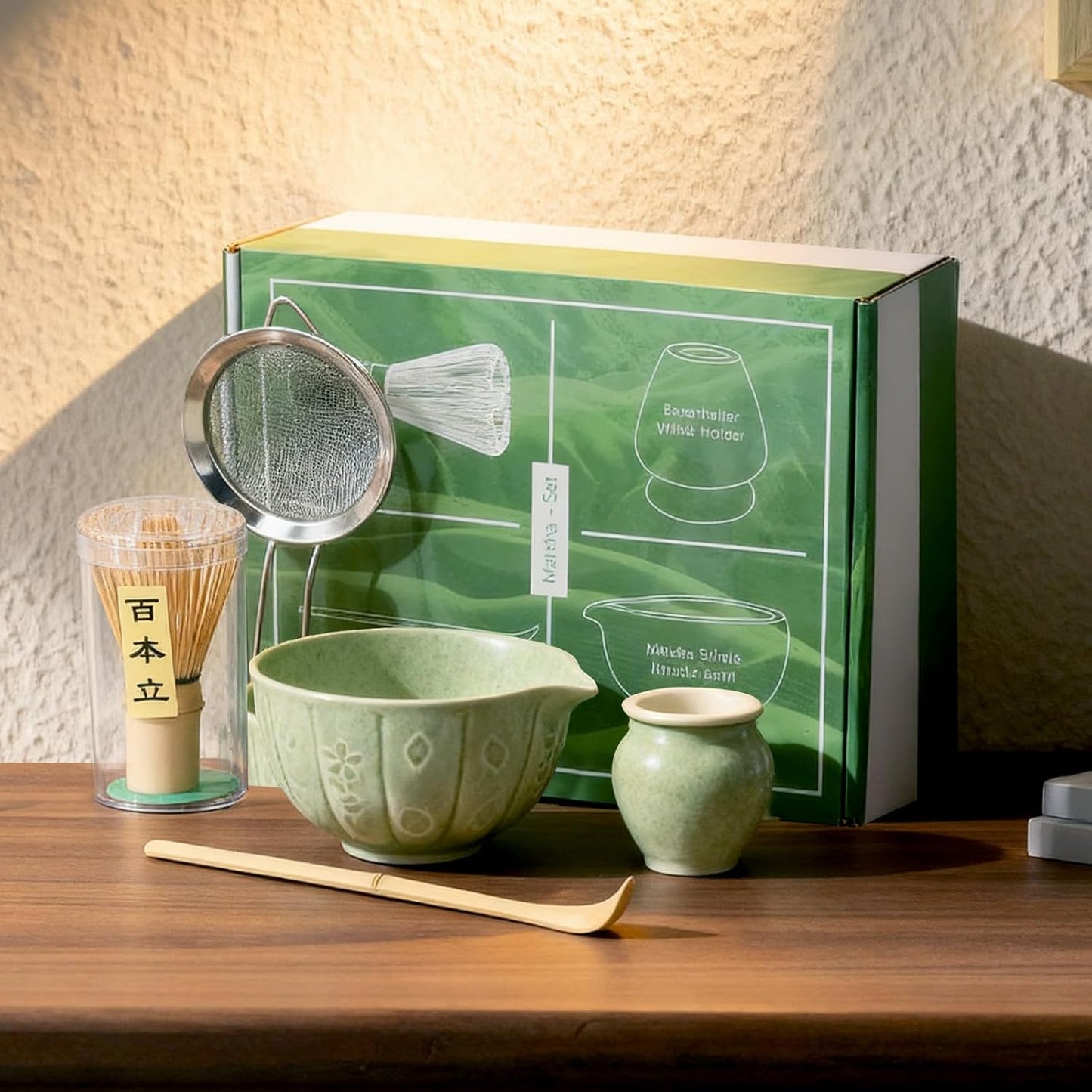 Matcha Whisk Set-5pcs, 16OZ Japanese Tea Set Includes Matcha Bowl with Spout, Bamboo Whisk with Ceramic Holder, Bamboo Scoop and Stainless Steel Sifter