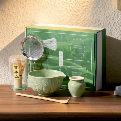 Matcha Whisk Set-5pcs, 16OZ Japanese Tea Set Includes Matcha Bowl with Spout, Bamboo Whisk with Ceramic Holder, Bamboo Scoop and Stainless Steel Sifter