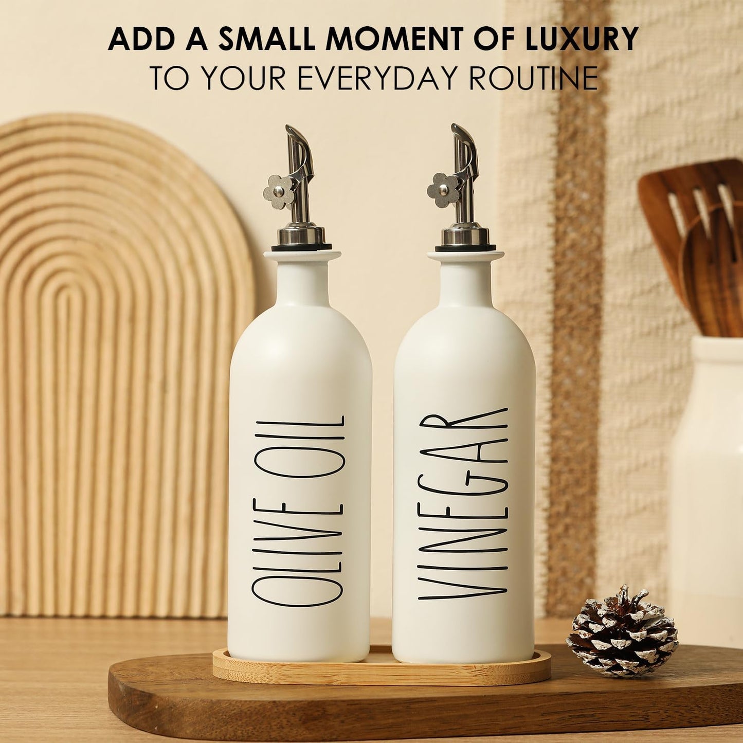 HOMCDALY Premium Olive Oil Dispenser for Kitchen, 11.8oz Glass Oil Bottles with Bamboo Tray, White and Gold Oil&Vinegar Cruet Set, Kitchen Dispenser Bottles with Pourer| Set of 2 (11.8oz –P–Gold)