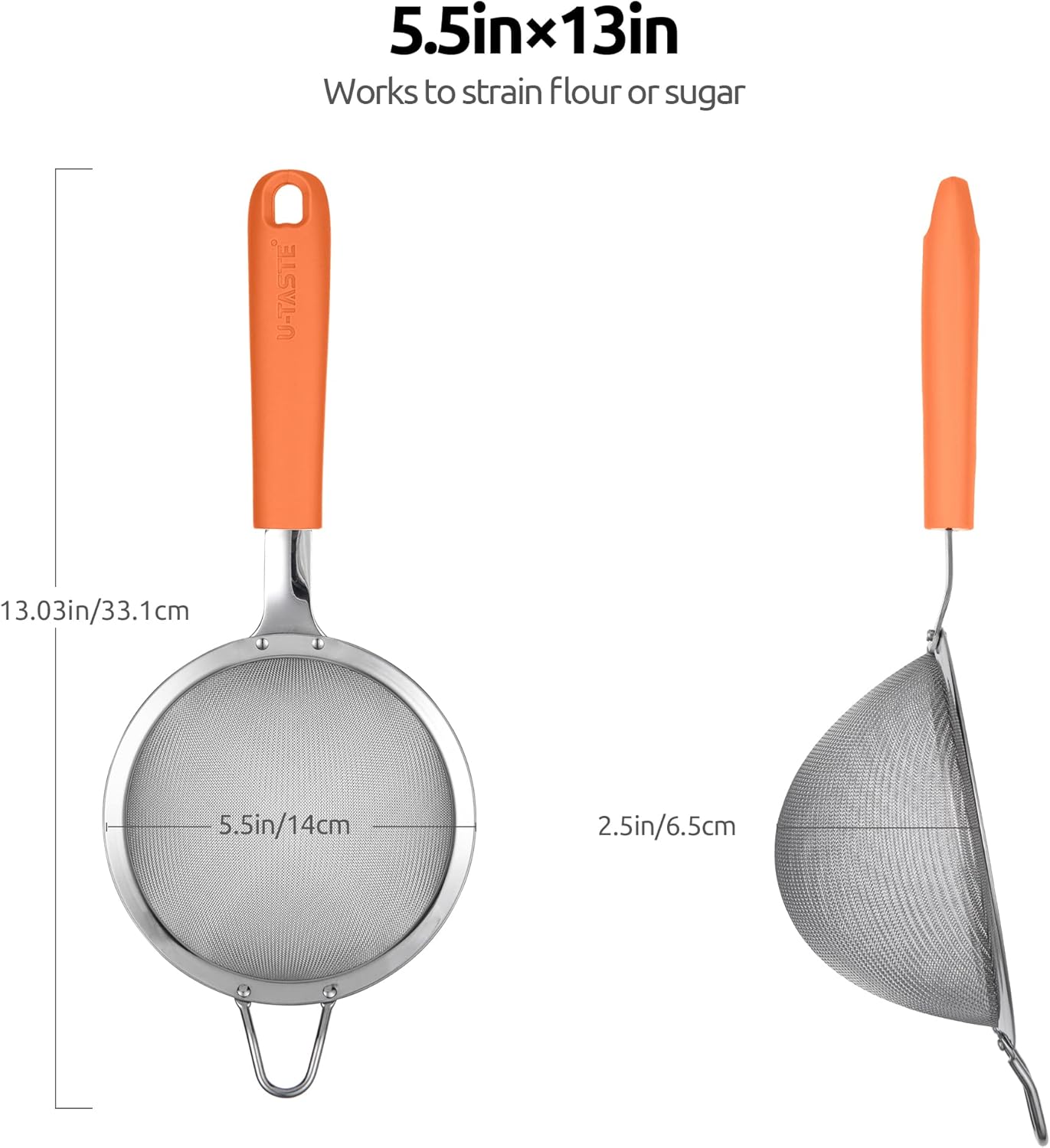 18/8 Stainless Steel Mesh Strainer: U-Taste 5.5 Inch Kitchen Fine Mesh Sieve Food Colander with Riveted Sturdy Silicone Handle and 30 Mesh Hole for Straining Flour, Pasta, Fruit, Quinoa(Aqua Sky)