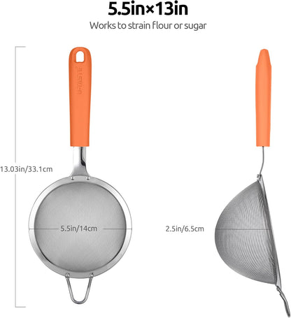 18/8 Stainless Steel Mesh Strainer: U-Taste 5.5 Inch Kitchen Fine Mesh Sieve Food Colander with Riveted Sturdy Silicone Handle and 30 Mesh Hole for Straining Flour, Pasta, Fruit, Quinoa(Aqua Sky)