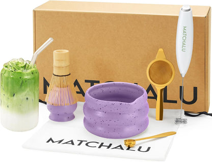 Matcha Whisk Set With Ceramic Matcha Bowl, Bamboo Whisk & Holder, Stainless Steel Spoon & Sifter, Glass Cup & Straw, Electric Frother, Storage Bag - Gift for Matcha Lovers (Premium 9-Piece Set White)