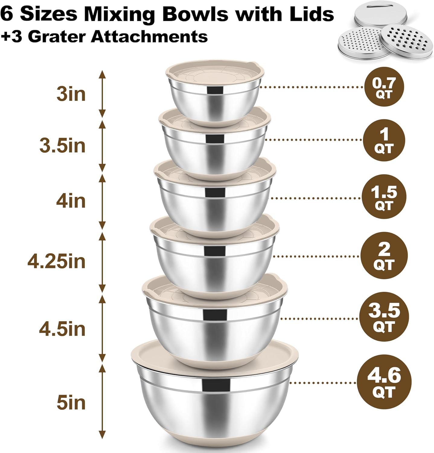TeamFar Mixing Bowls, 6 PCS Stainless Steel Nesting Salad Bowl with Lids & 3 Graters, For Kitchen Cooking Serving Prepping, Airtight & Non-Slip, Size 4.6/3.5/2/1.5/1/0.7 QT, Black