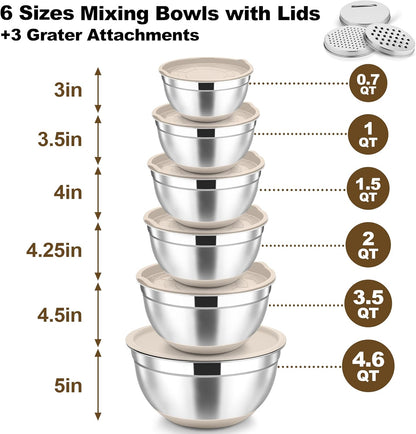 TeamFar Mixing Bowls, 6 PCS Stainless Steel Nesting Salad Bowl with Lids & 3 Graters, For Kitchen Cooking Serving Prepping, Airtight & Non-Slip, Size 4.6/3.5/2/1.5/1/0.7 QT, Black