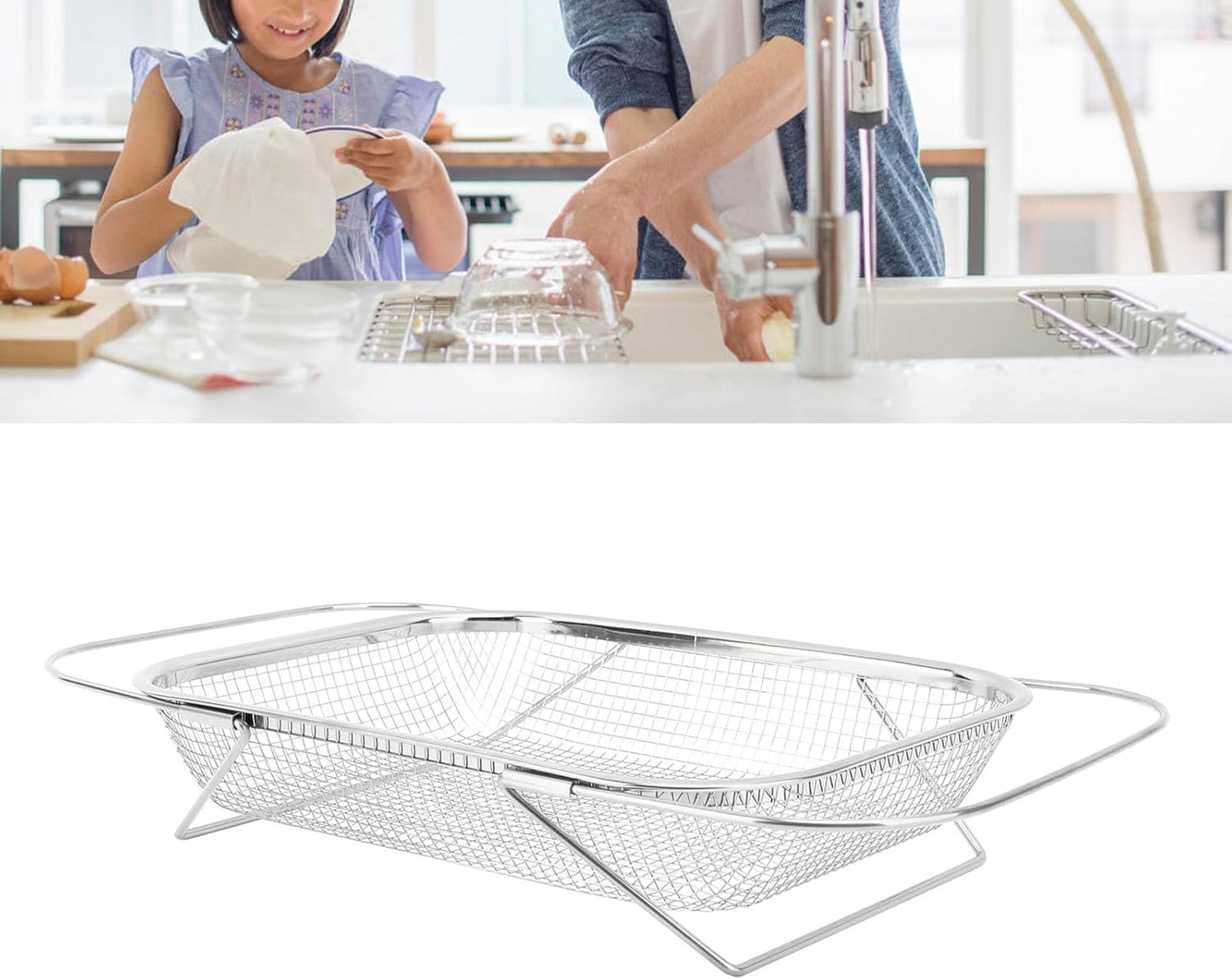 Over the Sink Colander, Expandable Baskets with Fine Mesh Strainer Handle Stainless Steel Rectangle Kitchen Colanders for Strain Drain Rinse Fruits Vegetables Pasta New Home Essentials (Gold)