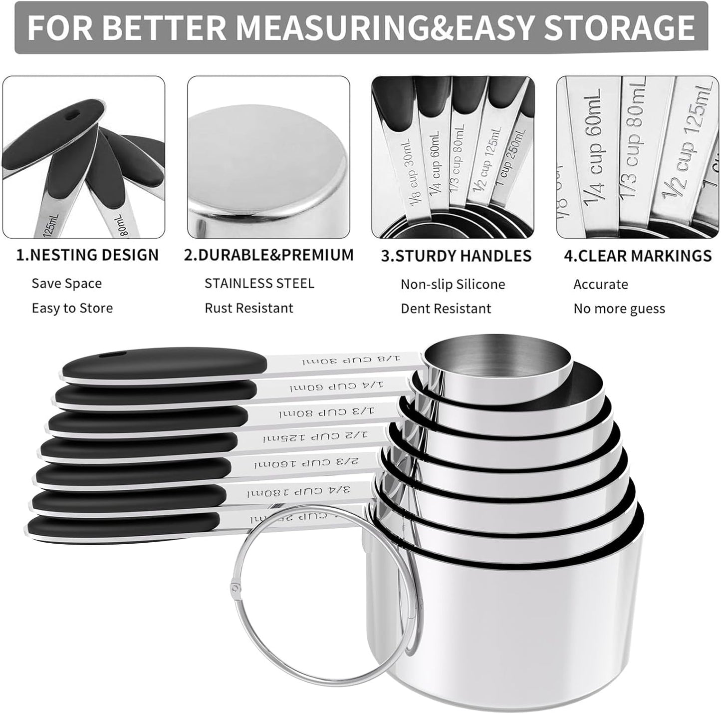 TILUCK Measuring Cups and Spoons Set, Stainless Steel, Kitchen Utensils for Cooking and Baking (10)