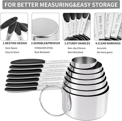 TILUCK Measuring Cups and Spoons Set, Stainless Steel, Kitchen Utensils for Cooking and Baking (10)