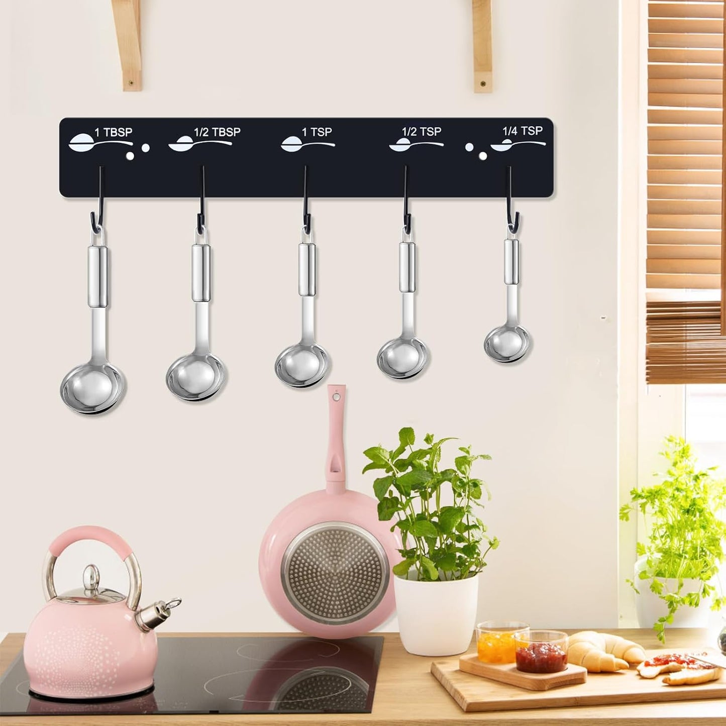 Premium Measuring Cups and Spoons Hanging Rack, Measuring Cup Organizer Rack Suitable for Kitchen Hanging Cups and Spoons, Including Screw and Adhesive Mounting, Cups and Spoons Rack 2pcs