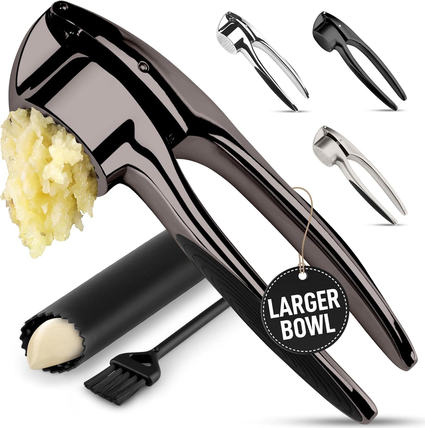 Zulay Kitchen Premium Garlic Press Set - Rust Proof Professional Garlic Mincer Tool - Easy-Squeeze, Easy-Clean with Soft, Ergonomic Handle - Silicone Garlic Peeler & Brush (Silver)