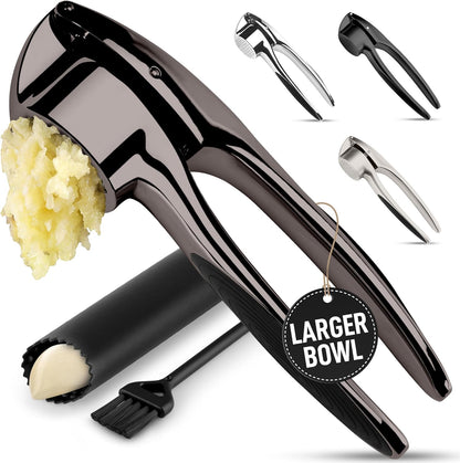 Zulay Kitchen Premium Garlic Press Set - Rust Proof Professional Garlic Mincer Tool - Easy-Squeeze, Easy-Clean with Soft, Ergonomic Handle - Silicone Garlic Peeler & Brush (Silver)