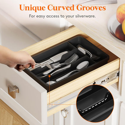 Lifewit Silverware Drawer Organizer Tray, Plastic Cutlery Storage for Kitchen, Flatware and Utensil Holder Divider for Spoons Forks Knives Tableware, 9.1 x 12.6", 5 Slots, Black