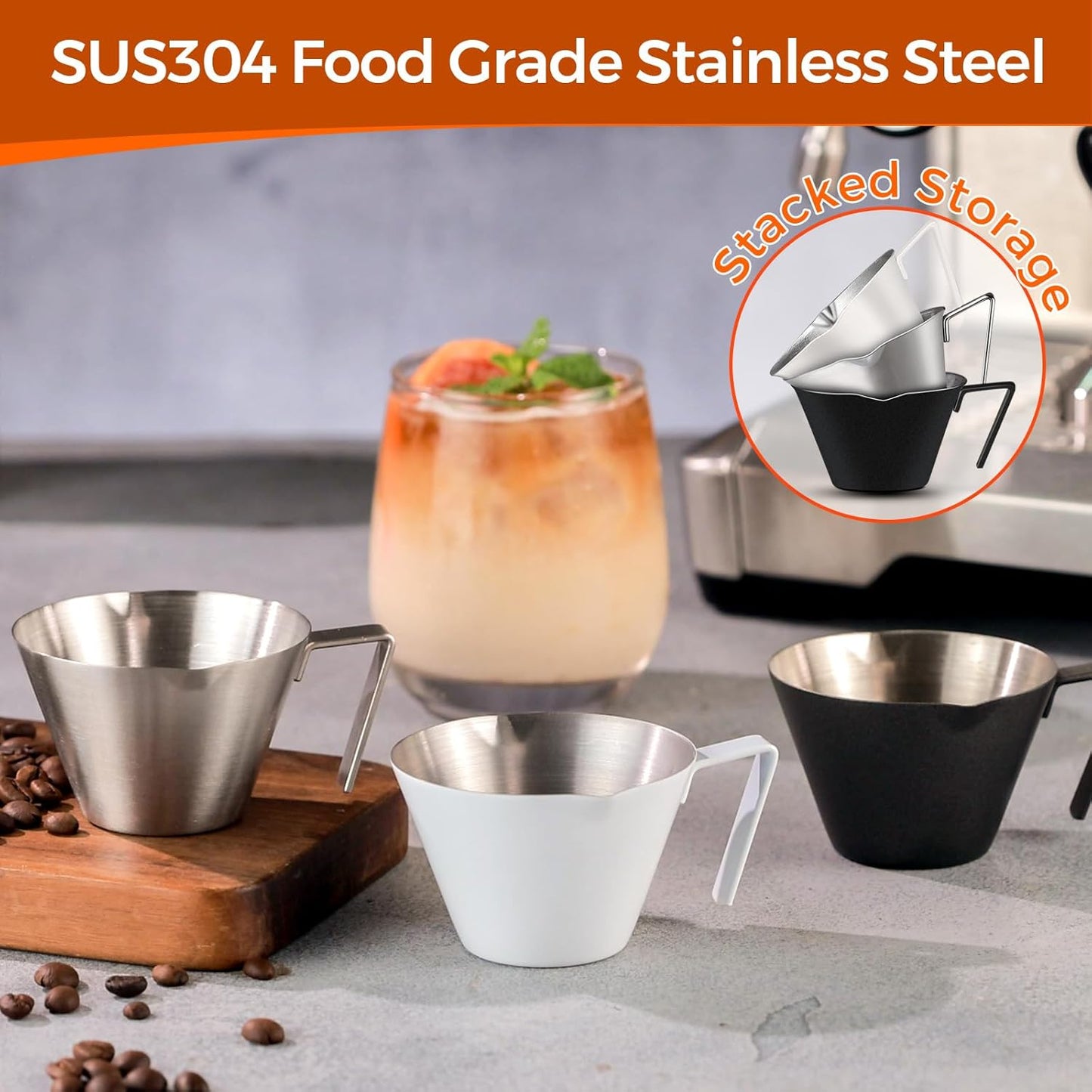 YARRAMATE 2 Pcs Espresso Cups with Handle, Stainless Steel Espresso Accessories, Double Spout Metal Measuring Cup with Dual Scale, Espresso Shot cup with V-Shaped Mouth, 3.4OZ/100ML(Silver)