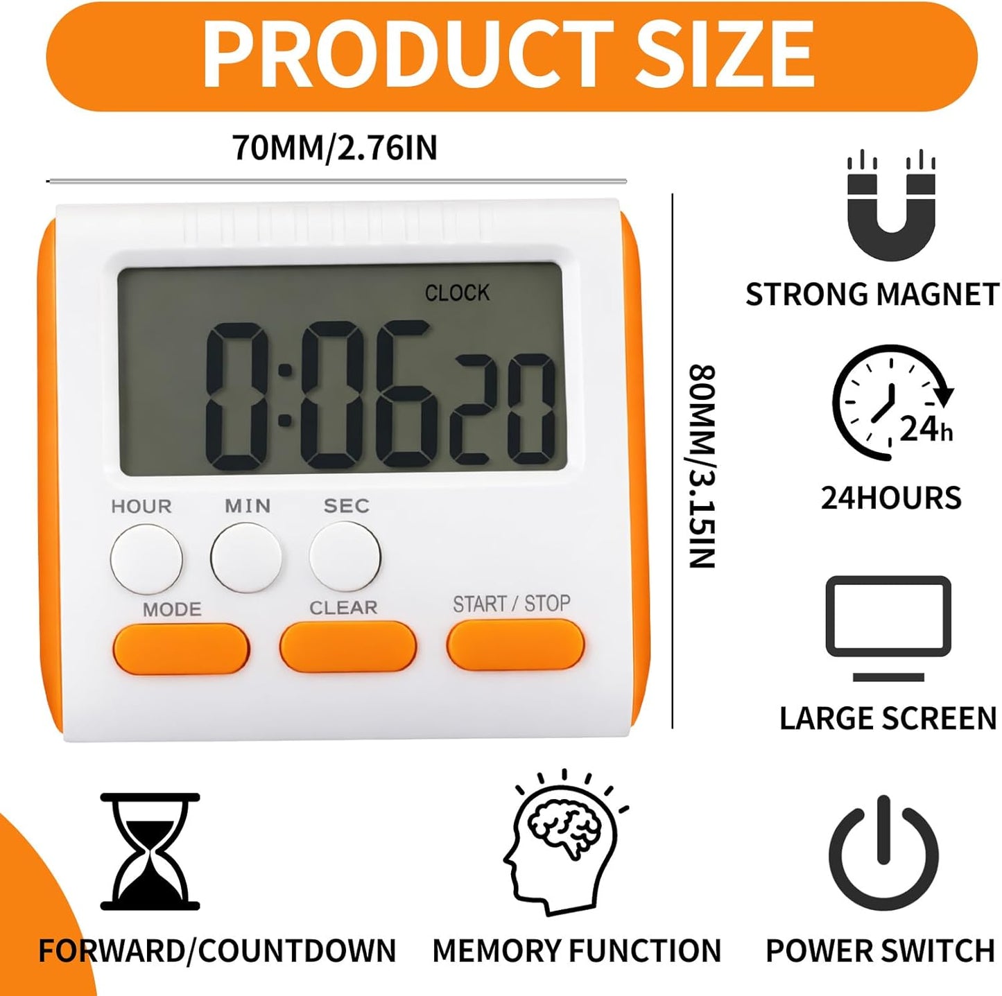 Mudder 6 Pack Digital Kitchen Timer for Cooking, Large Digits, 24 Hour Magnetic Backing Stand Kitchen Timers Clock for Classroom Kids Teachers, Loud Alarm and Large Screen (Black)