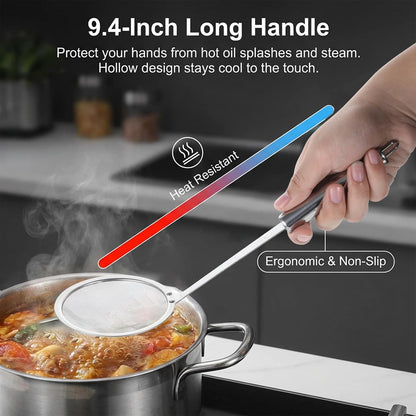 4" Stainless Steel Fat Skimmer Spoon, Kitchen Fine Mesh Food Strainer Multi-Functional Hot Pot Skimmer with Long Handle for Skimming Cooking Frying Grease Gravy Foam