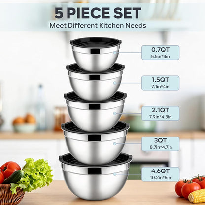 E-far Mixing Bowls with Lids, 6-Piece Stainless Steel Salad Bowls Metal Nesting Bowls for Baking Cooking and Prepping, Airtight Lids & Stackable Design, Size 4.5, 3, 1.5 QT (Black)