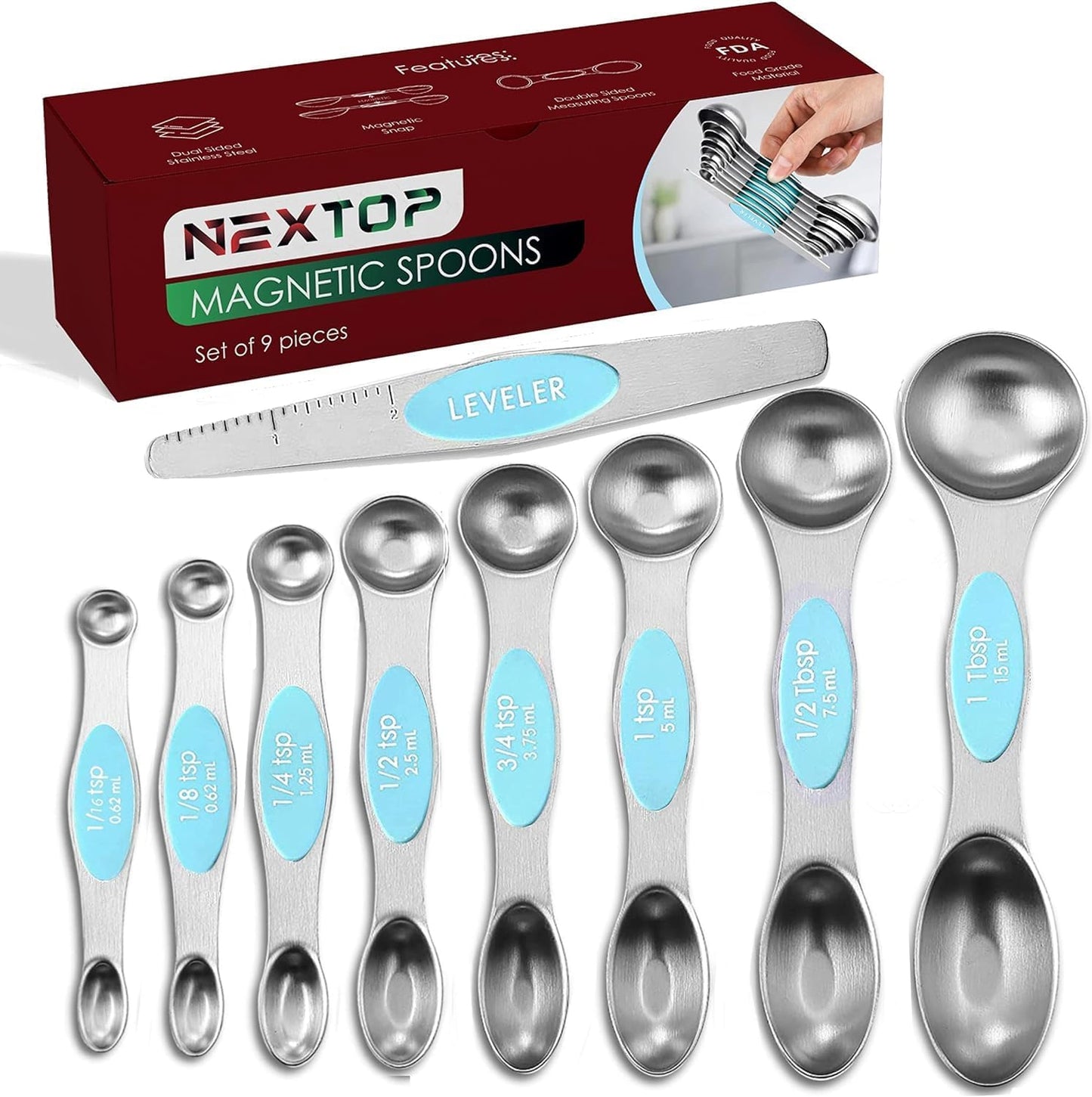 Magnetic Measuring Spoons Set of 9 Stainless Steel Dual-Sided Stackable Measuring Spoon Nesting Teaspoons Measuring Dry and Liquid Ingredients, Fits in Spice Jars Set of 9 (Yellow)