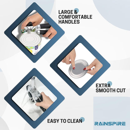 Rainspire Upgraded Can Opener Manual with Bottle Opener Smooth Edge Cut, Can Opener Heavy Duty, Comfortable Soft Handle, Built-in Bottle Opener, Black