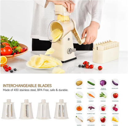 Xilrvna RotaryCheeseGrater,VegetableShredder 5 in 1 Cheese GraterwithHandleedderReinforcedSuction,EasytoClean,KitchenChopperforCrushedIce,Fruits and Nuts with Blade StorageCase（light green）
