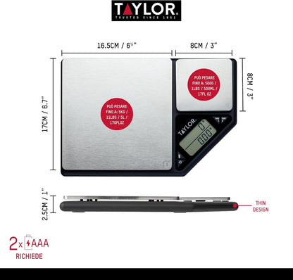Taylor KitchenCraft Digital Kitchen Scale Dual Platform, Pro Professional Standard, Precision Accuracy and Tare Function, Brushed Stainless Steel, 5kg Capacity Black/Silver