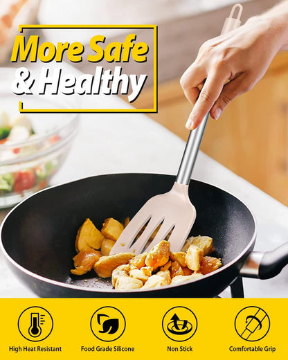 Pack of 2 Silicone Solid Turner, Non Stick Slotted Kitchen Spatulas, High Heat Resistant BPA Free Cooking Utensils, Ideal Cookware for Fish, Eggs, Pancakes(Black)