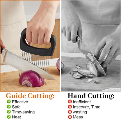 Onion Slicer Holder Extra Large Onion Holder for Slicing Tomato Slicer With 16 Long Needles Vegetable Chopper Tomato Potato Meat Tenderizer Stainless Steel Black