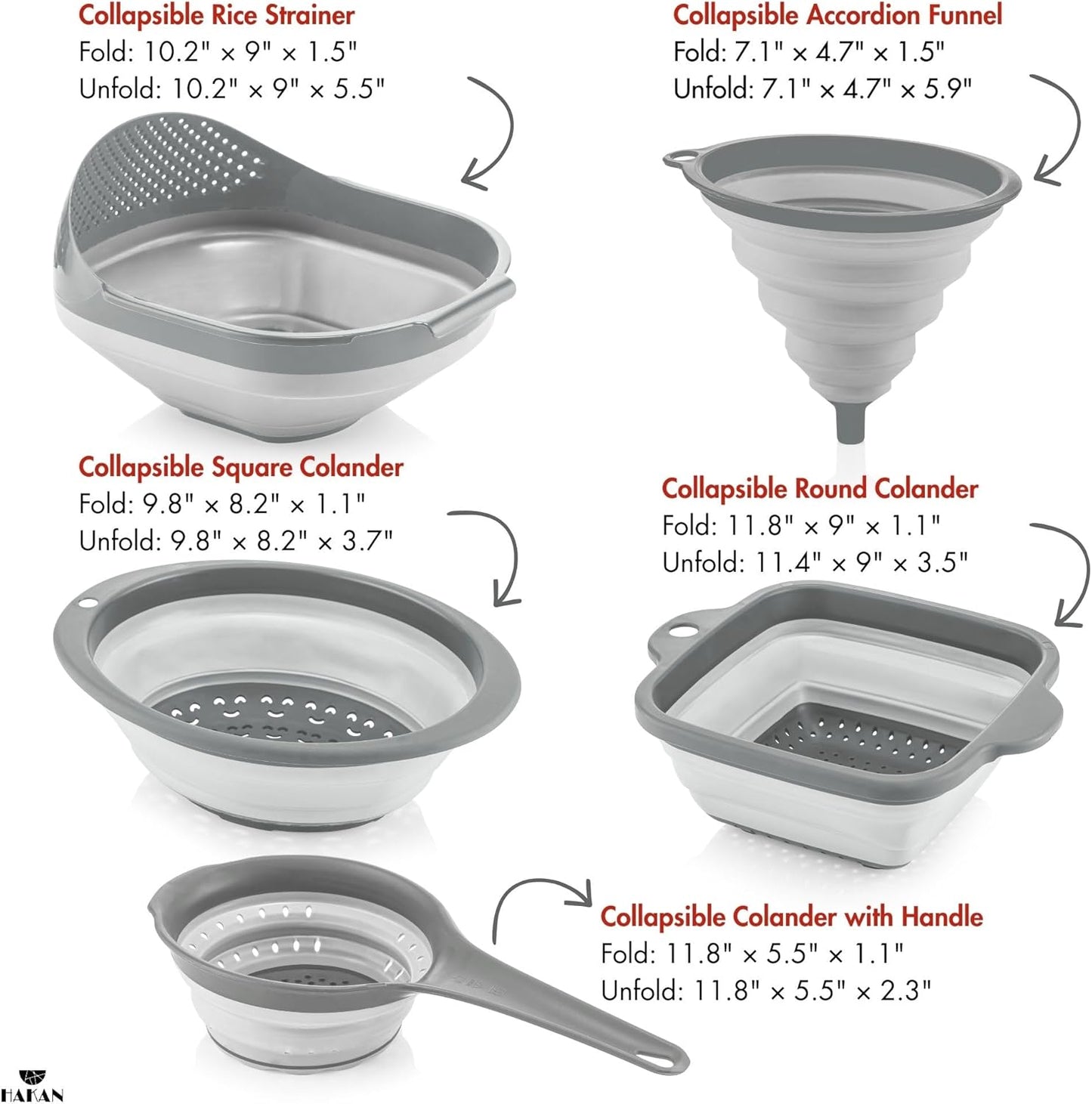 Collapsible Colanders for Kitchen, Space-Saving Plastic Colanders, Accordion Strainers with Handle & Rice Strainer