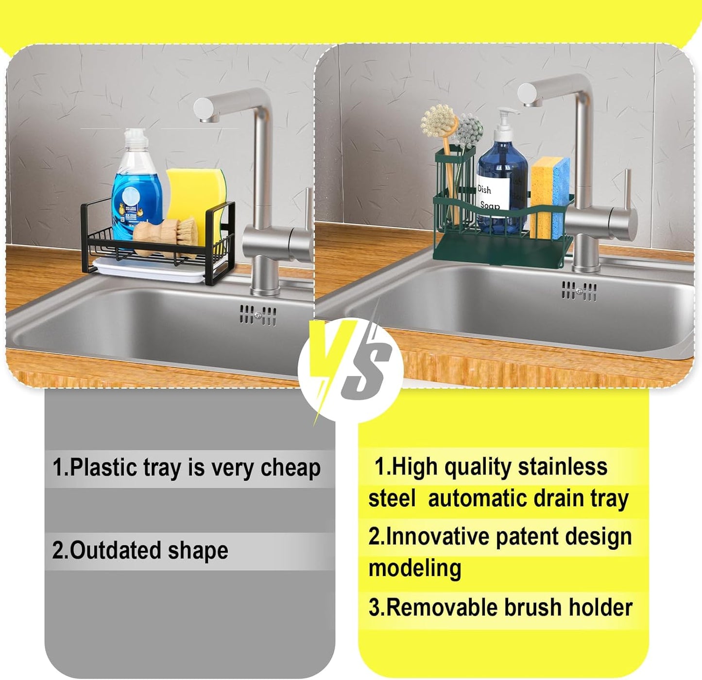 Fssvcd Maifan Sink Caddy Sponge Holder for Kitchen with Brush Holder and Stainless Steel Self Drain Tray, Rustproof Kitchen Sink Organizer for Sponge, Soap Dispenser Storage Accessories
