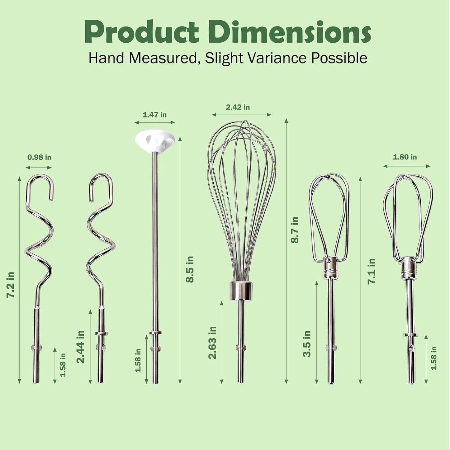 Hand Mixer Attachments, 6 Pcs Stainless Steel Set Turbo Beater, Pro Whisk, Dough Hooks & Blending Rod | Compatible with KitchenAid KHM3, KHM5, KHM7, KHM9, KHM512, KHM926 Series Hand Mixers