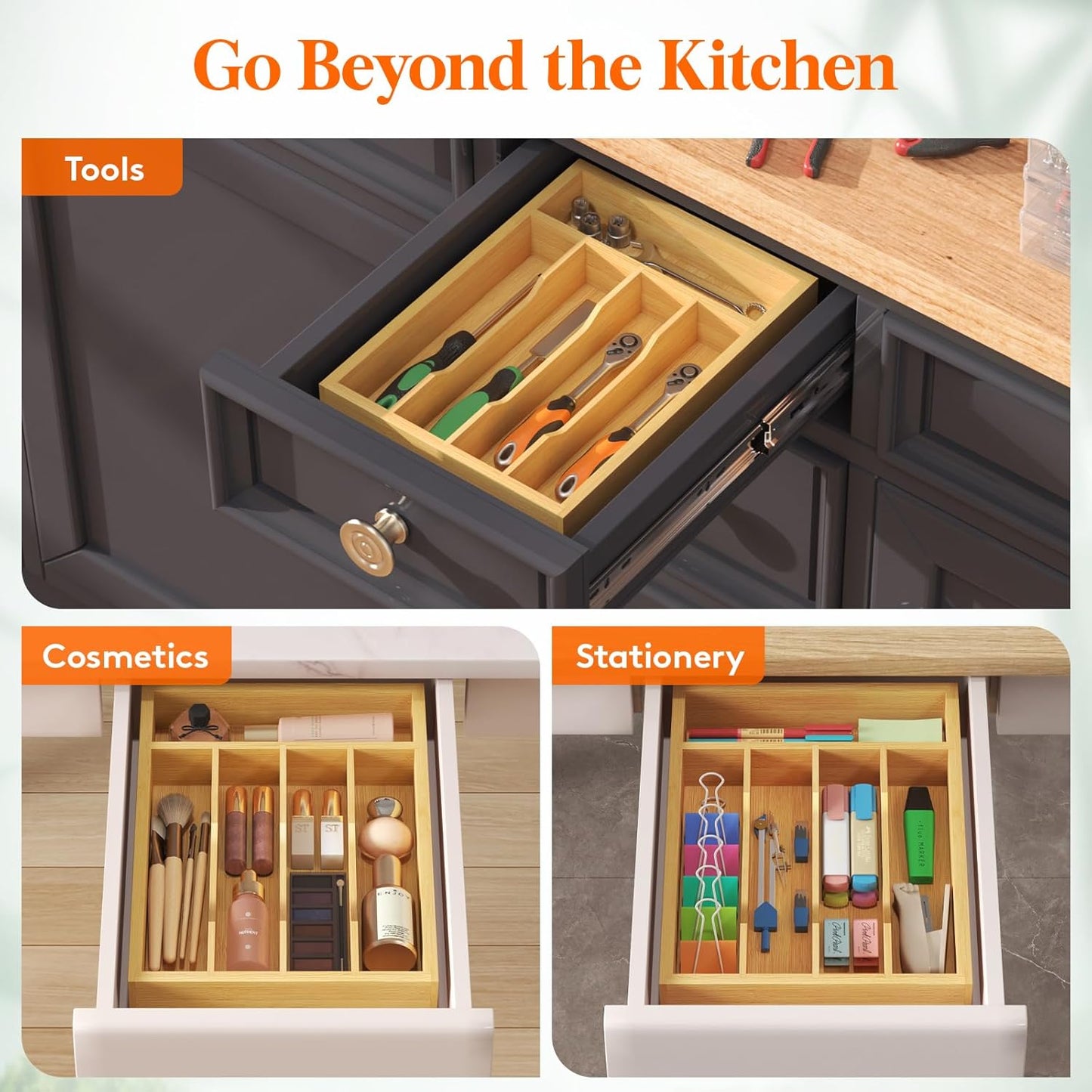 Lifewit Silverware Drawer Organizer, Utensil Tray for Kitchen, Flatware and Cutlery Holder, Storage for Spoons Forks Knives, 6.7 x 12", Natural