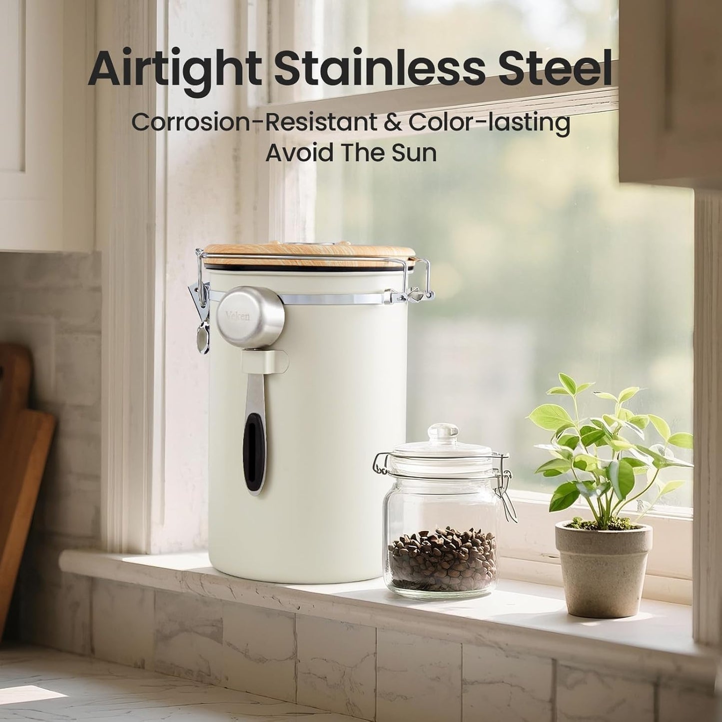 Veken Coffee Canister, Airtight Stainless Steel Kitchen Food Storage Container with Date Tracker and Scoop for Beans, Grounds, Tea, Flour, Cereal, Sugar, Cookie, 16OZ, Cream