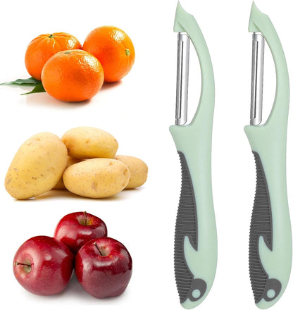 Mabor 2Pcs Stainless Steel Vegetable and Fruit Peeler, Swivel Straight Veggie Peelers for Kitchen Apple Carrot Cucumber Potato with Non-Slip Grip Handle, Green