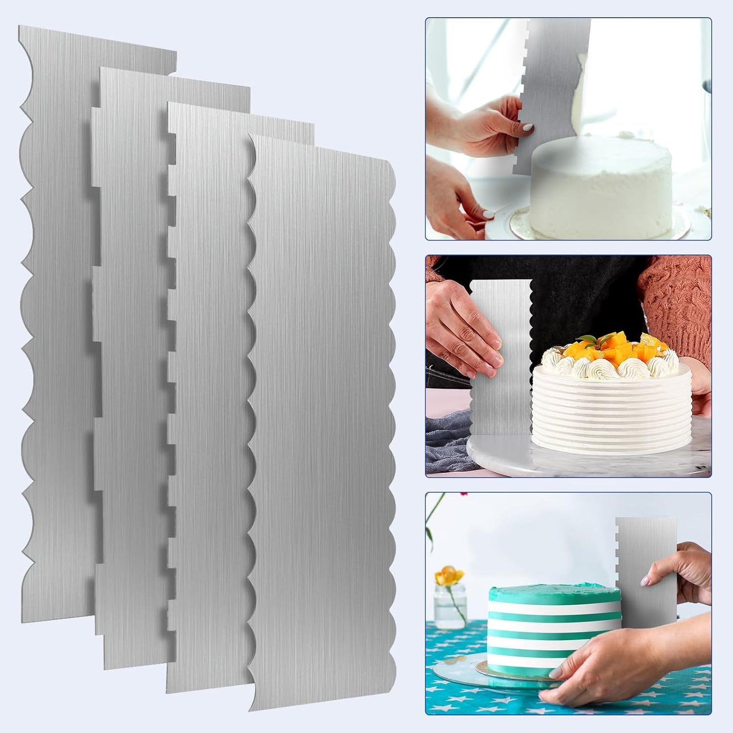 2 Pcs Stainless Steel Cake Scraper, 8.6-inch Double Sided Patterned Edge Stripe Edge Smoother Scraper, Cake Decorating Comb Metal Cake Scraper for Butter Mousse Cream Decoration